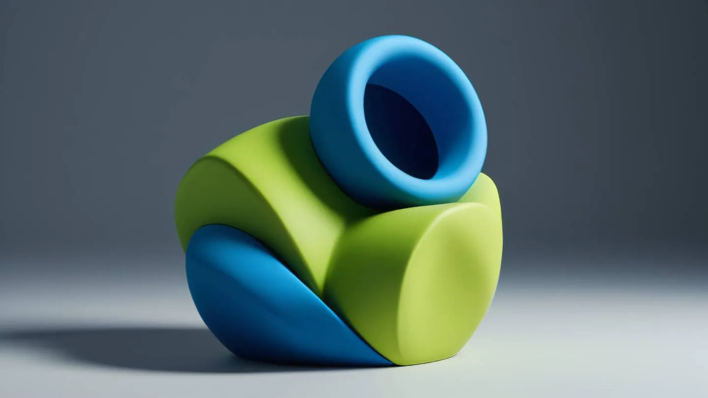 A clay sculpture of interconnected geometric shapes with smooth transitions between forms featuring bright blue and lime accents dramatic lighting from above high-quality ultra-realistic cinematic 8K UHD high resolution sharp and detail