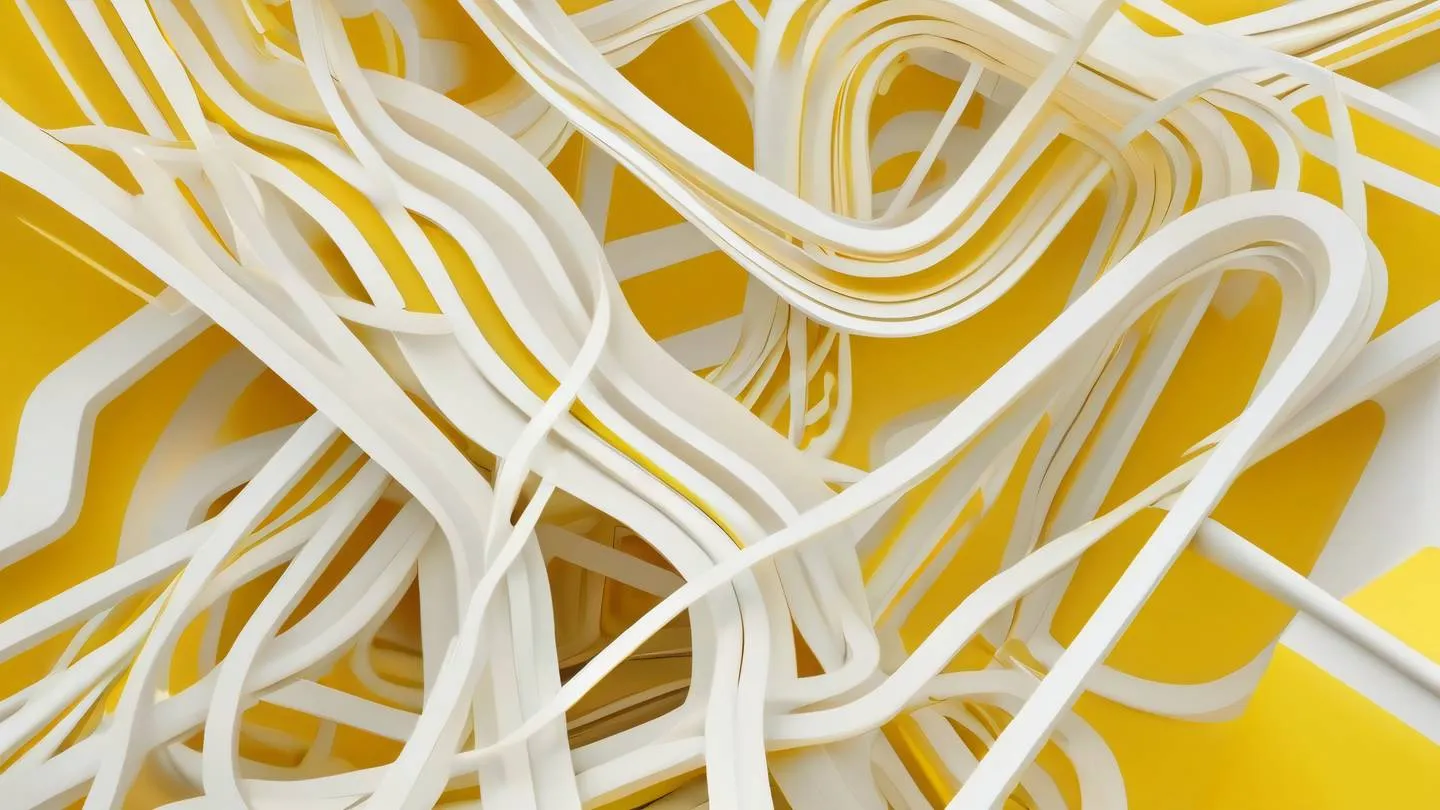 A mesmerizing abstract composition of flowing lines and geometric shapes in bright yellow and white tones resembling a dynamic interface transition shot from top-down perspective high-quality ultra-realistic cinematic 8K UHD high resolution sharp and detail