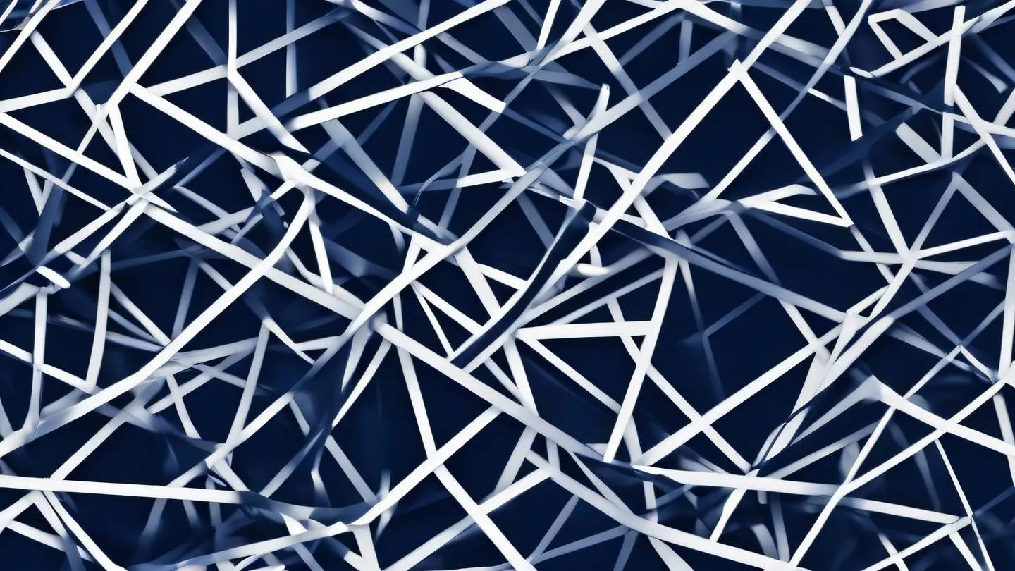 An abstract geometric pattern featuring interconnected shapes in bright navy and white flowing from left to right captured from a 45-degree angle high-quality ultra-realistic cinematic 8K UHD high resolution sharp and detail