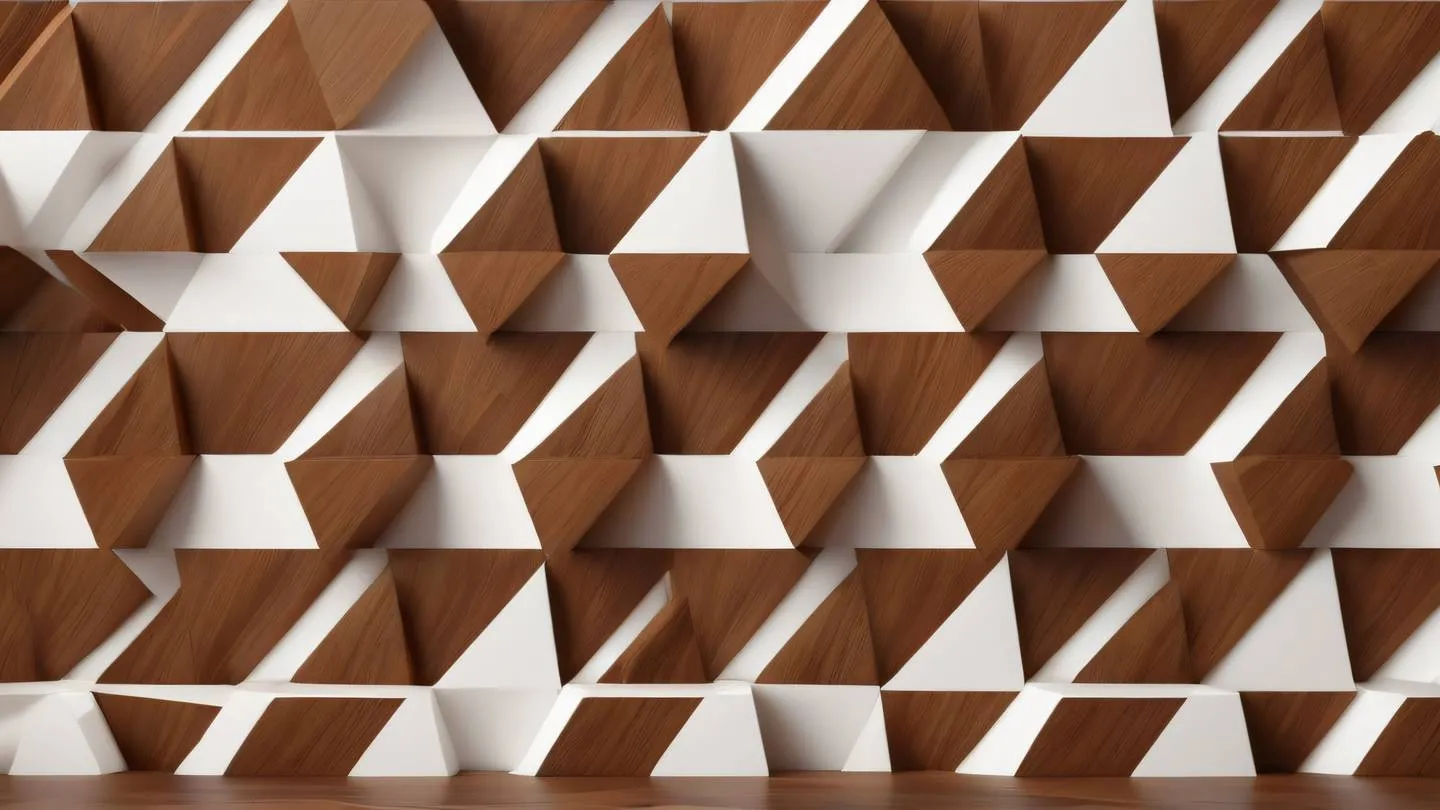 A minimalist composition of geometric shapes in warm walnut and white colors creating an abstract pattern suggesting movement and transition captured from a straight-on perspective high-quality ultra-realistic cinematic 8K UHD high resolution sharp and detail