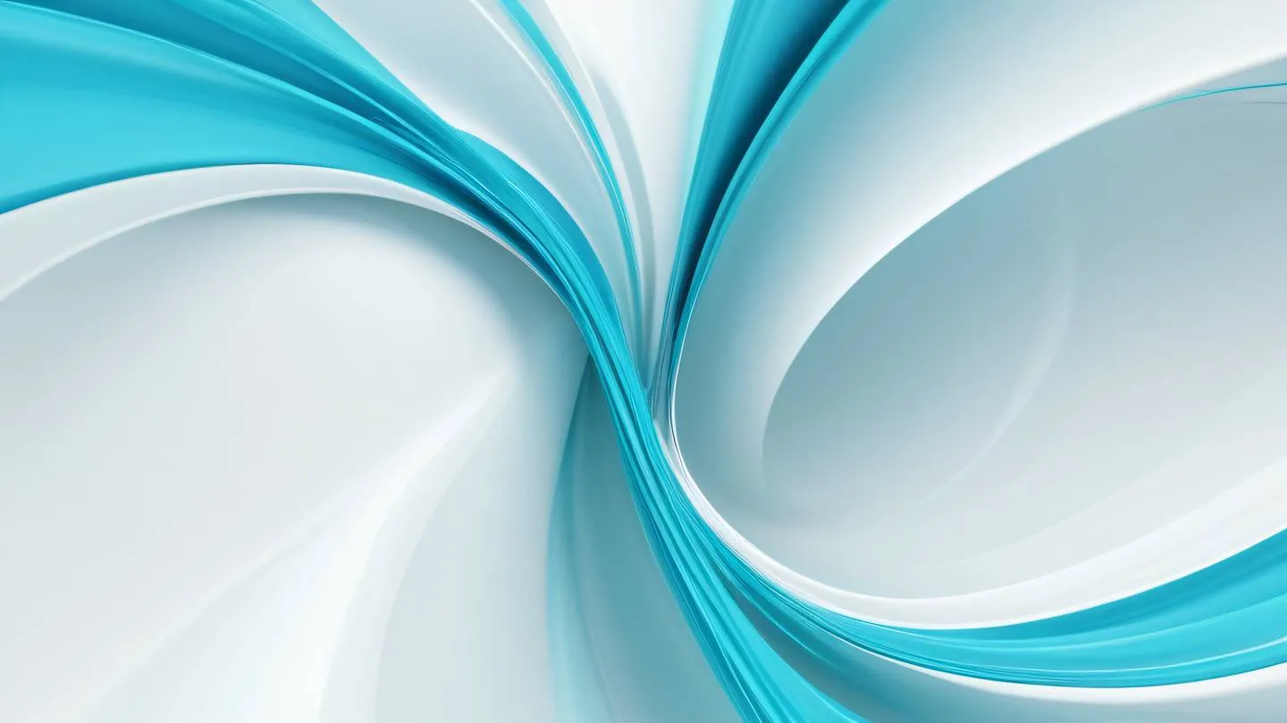 A flowing abstract design representing optimization and speed with streaks of bright turquoise and electric blue swirling against a crisp white background captured from a top-down perspective high-quality ultra-realistic cinematic 8K UHD high resolution sharp and detail