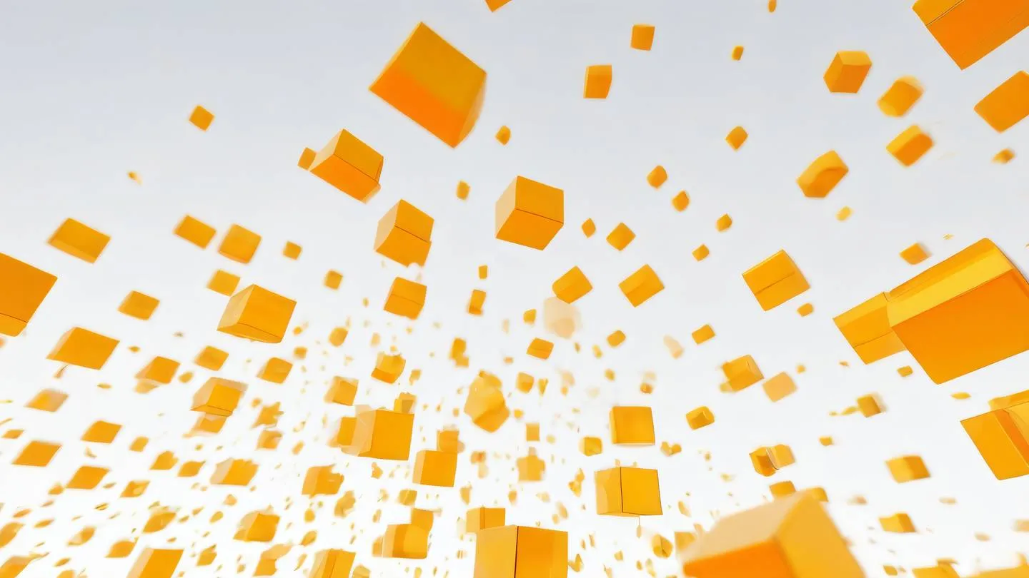 A dynamic abstract pattern suggesting digital transformation and speed featuring bright orange and sunny yellow geometric shapes against a clean white background photographed from a low angle perspective high-quality ultra-realistic cinematic 8K UHD high resolution sharp and detail