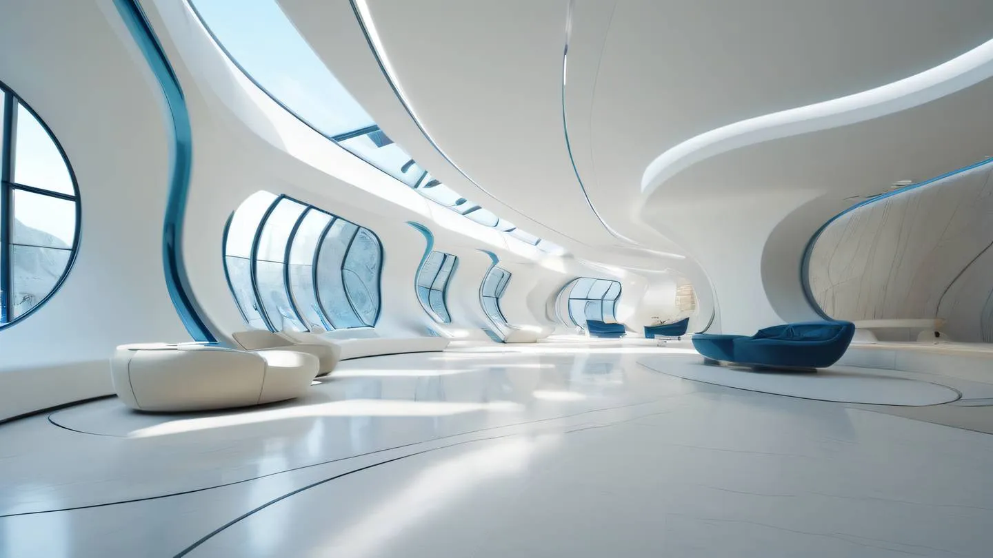 Futuristic modern interior with flowing curves and geometric patterns bright creamy white walls with stone blue accents architectural details with natural light streaming through large windows ultra-realistic cinematic 8K UHD high resolution sharp and detailed shot from ground level with dramatic perspective