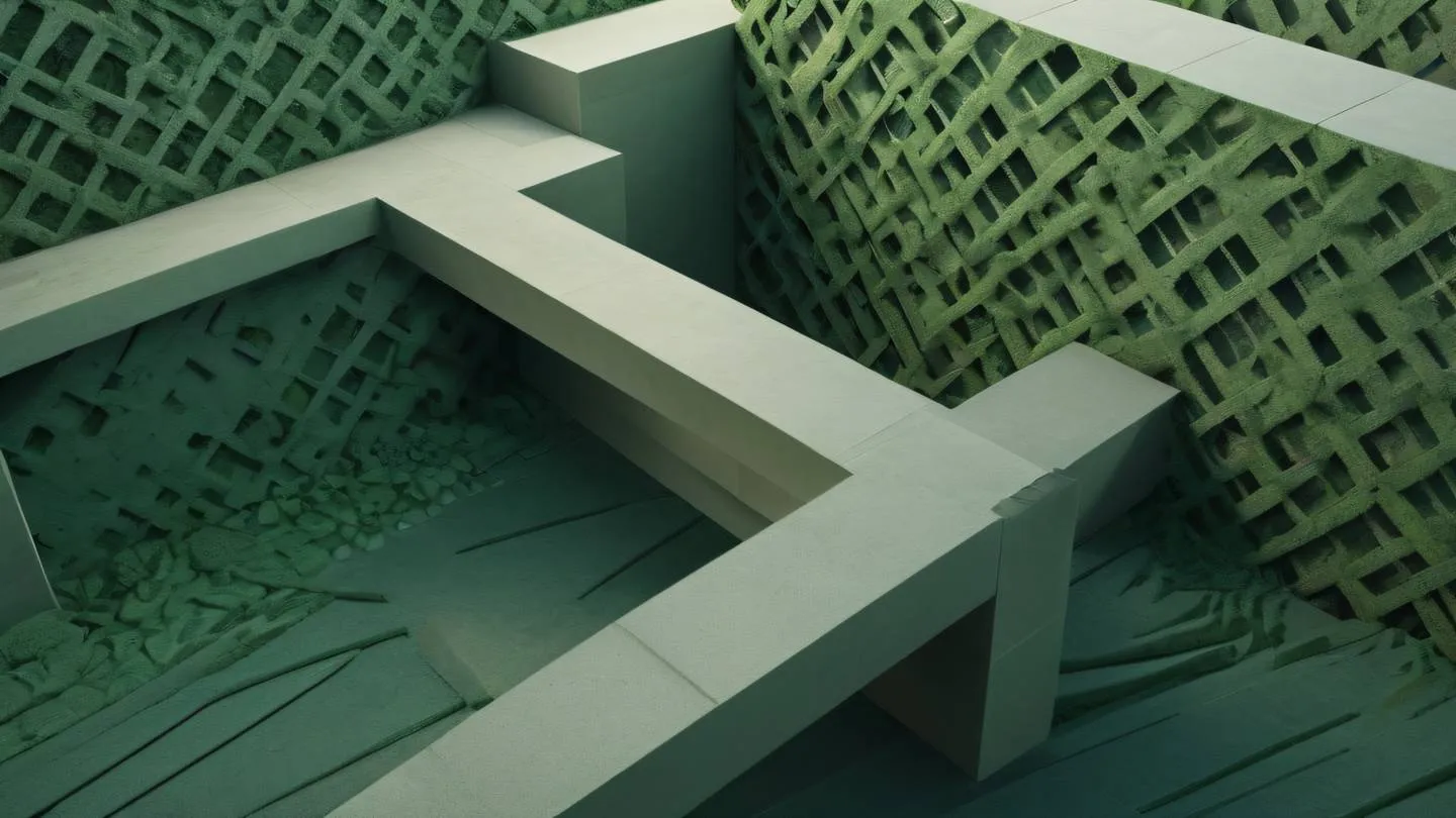 Abstract architectural composition with intersecting geometric shapes warm stone and seaweed green gradient background clean lines and shadows high-quality ultra-realistic cinematic 8K UHD high resolution sharp and detailed shot from 45-degree angle