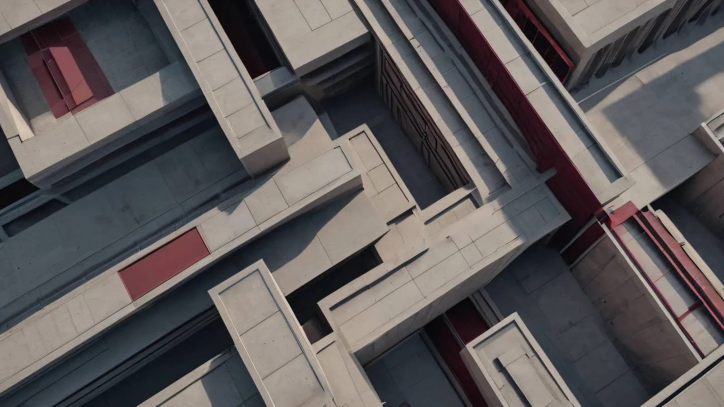 Aerial view of modern concrete structures forming abstract patterns maroon and stone color palette geometric shapes casting dramatic shadows high-quality ultra-realistic cinematic 8K UHD high resolution sharp and detailed shot directly from above