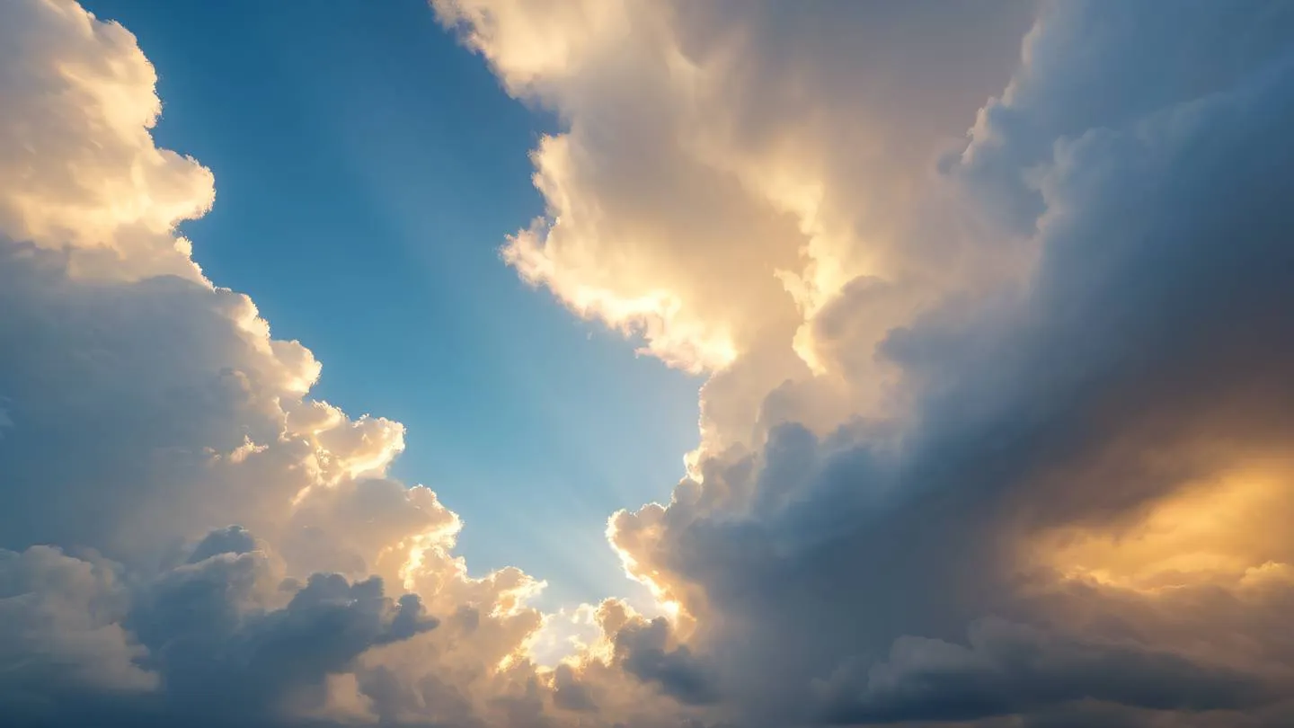 Cloud formations during golden hour creating layered abstract patterns bright creamy whites blending with stone blue sky ethereal atmosphere with subtle light rays high-quality ultra-realistic cinematic 8K UHD high resolution sharp and detailed shot from low angle perspective