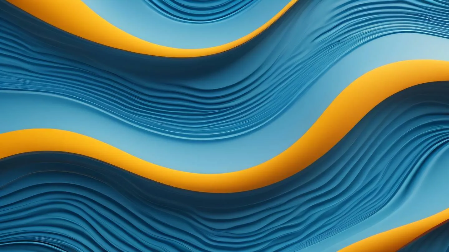 Abstract flowing waves with organic shapes featuring minimalist yellow and soft orange tones blending seamlessly against a crisp blue background photographed from above high-quality ultra-realistic cinematic 8K UHD high resolution sharp and detail