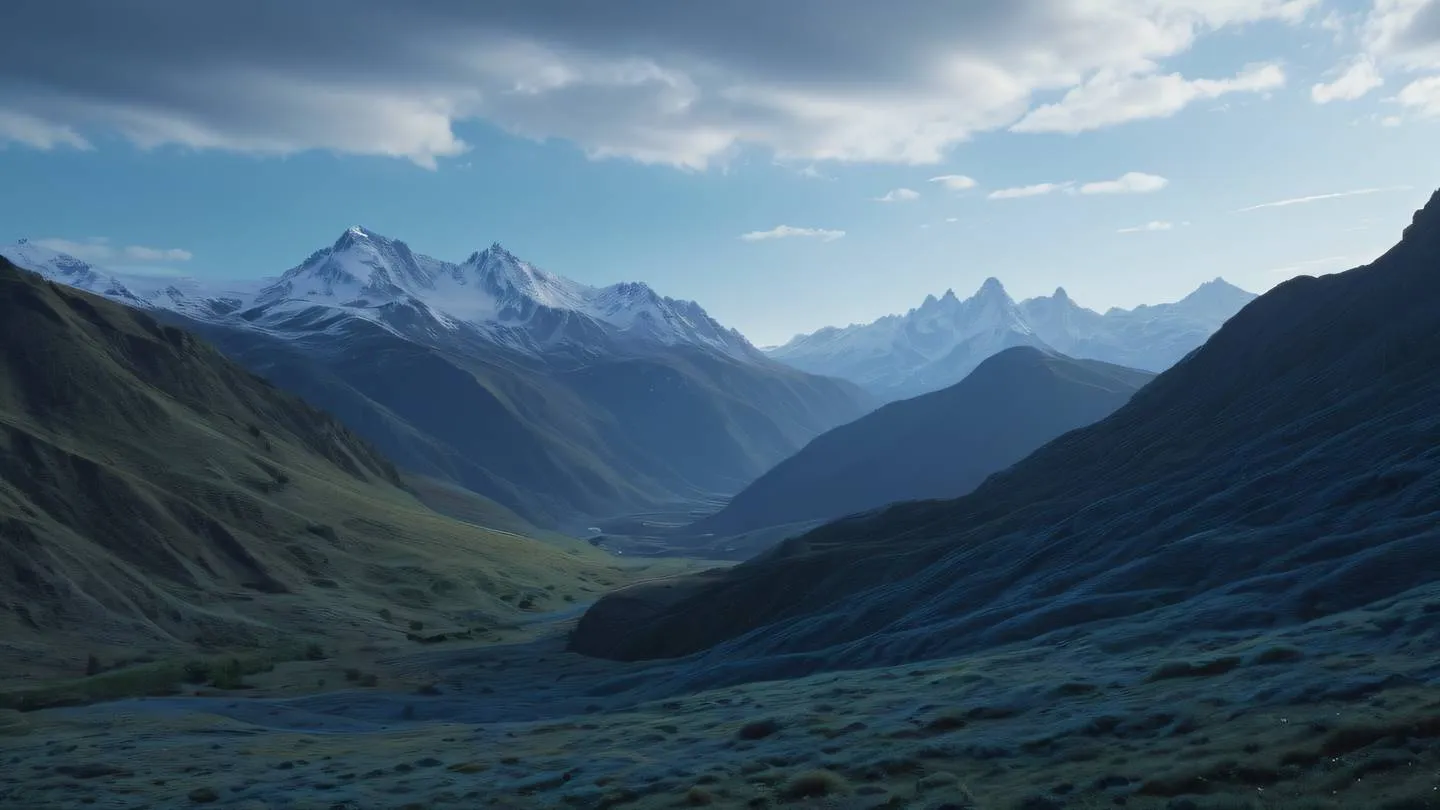 Organic mountain landscape with rolling hills featuring light blue peaks transitioning into deep cobalt valleys captured from a dramatic low angle high-quality ultra-realistic cinematic 8K UHD high resolution sharp and detail