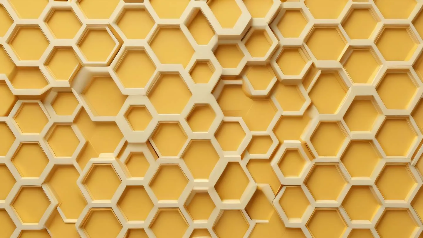 A minimalist geometric pattern featuring interlocking hexagons and squares rendered in butterscotch yellow and cream colors against a clean background. Camera angle: top-down view. high-quality ultra-realistic cinematic 8K UHD high resolution sharp and detail