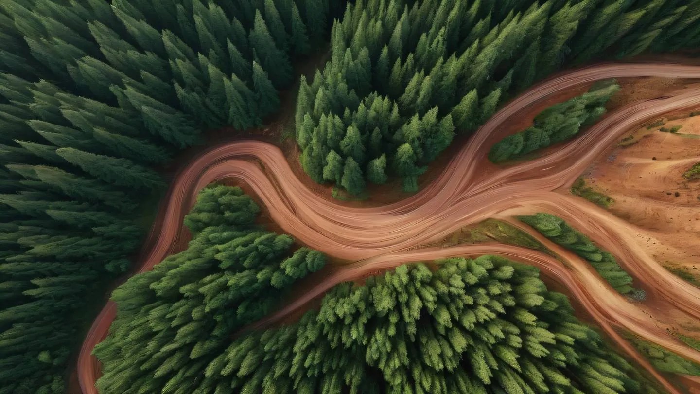 An abstract aerial landscape of flowing lines and curves captured from a high altitude perspective. Colors: forest green and rustic terracotta creating organic patterns. Camera angle: bird's eye view. high-quality ultra-realistic cinematic 8K UHD high resolution sharp and detail