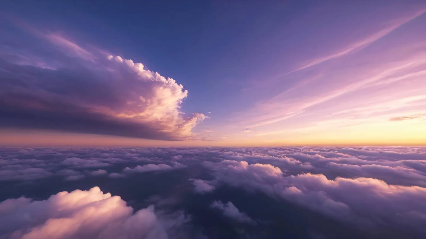 A serene sky scene with layered clouds at sunset featuring rich amethyst and silver streaks across the horizon. Camera angle: looking up at 45 degrees. high-quality ultra-realistic cinematic 8K UHD high resolution sharp and detail