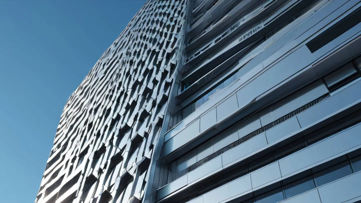 A modern geometric architectural facade with intricate patterns and layers showcasing dynamic light and shadow play. Colors: Bright metallic silver chrome and steel blue. Wide-angle shot from ground level looking up ultra-realistic cinematic 8K UHD high resolution sharp and detailed