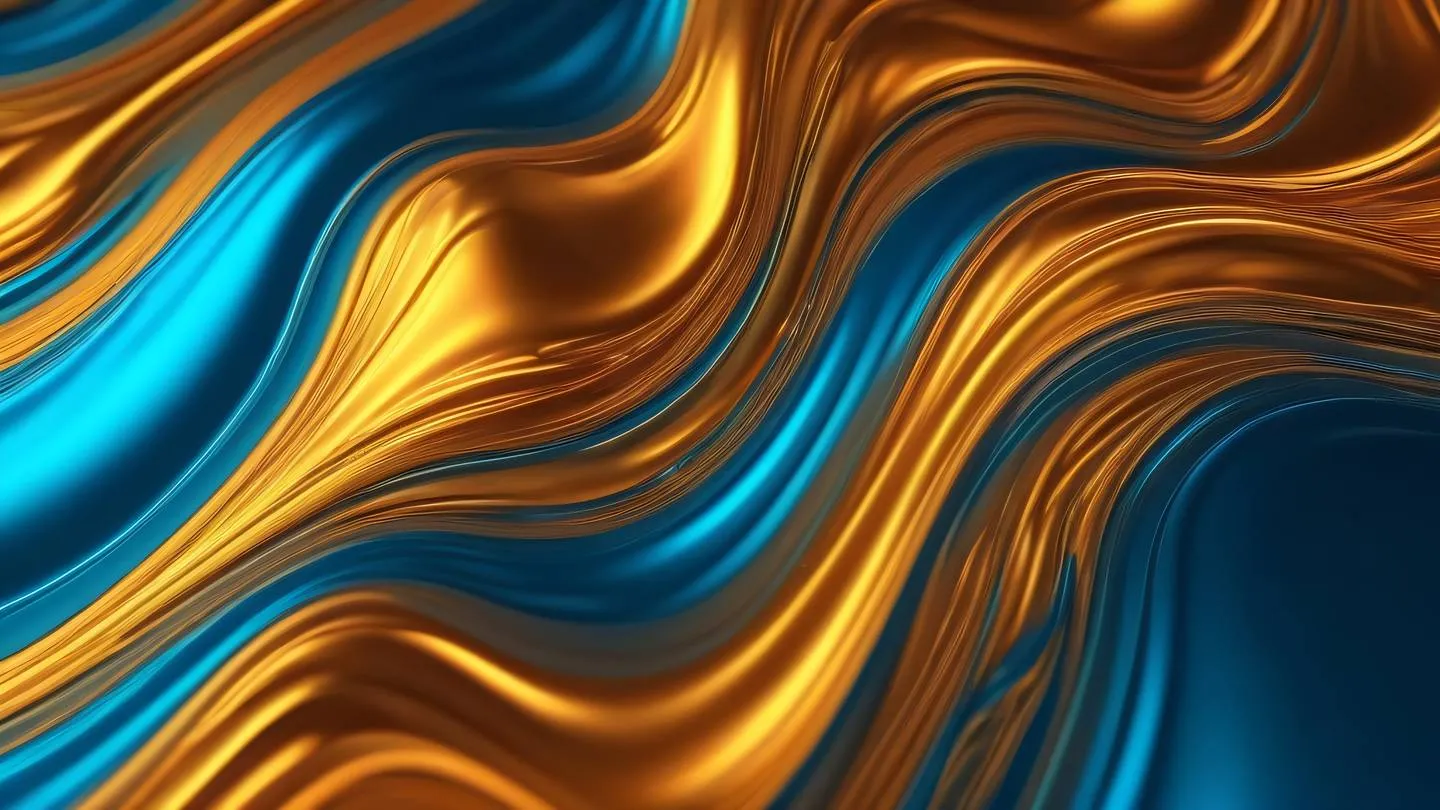 Abstract flowing liquid metal patterns with seamless gradients. Colors: Rich amber gold bright orange and deep cerulean blue. Overhead macro shot ultra-realistic cinematic 8K UHD high resolution sharp and detailed