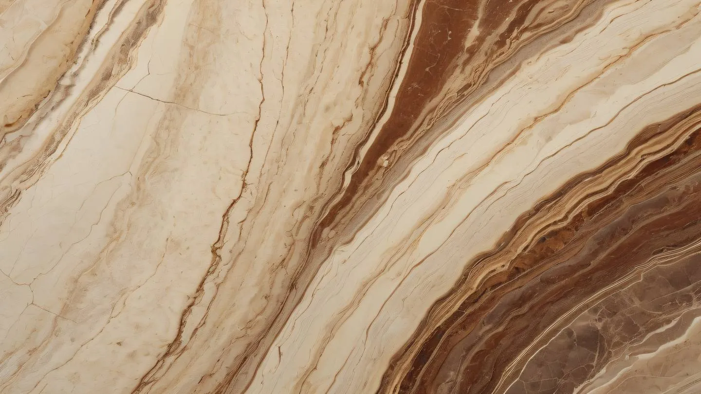 Smooth polished stone texture with natural veining patterns. Colors: Warm cream rich mahogany brown and golden highlights. Close-up detailed shot at 45-degree angle ultra-realistic cinematic 8K UHD high resolution sharp and detailed