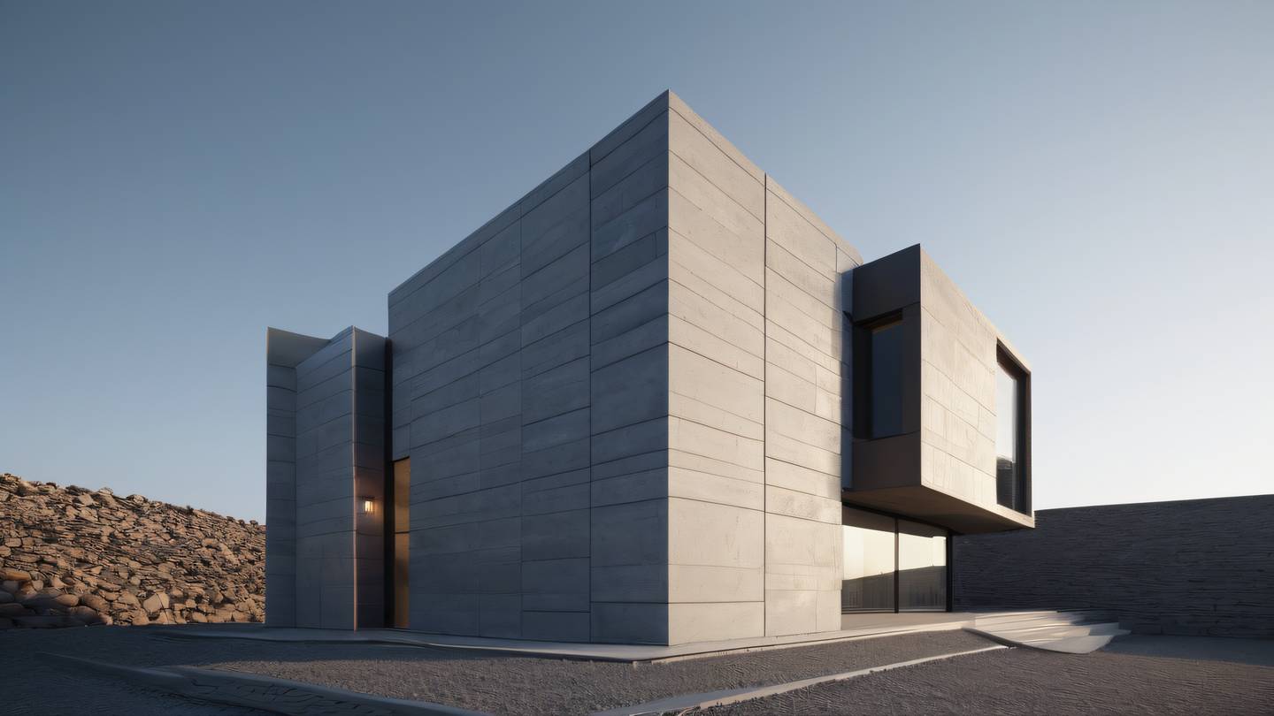 A minimalist architectural structure with clean lines and geometric shapes in zinc and stone colors photographed from a low angle with dramatic side lighting high-quality ultra-realistic cinematic 8K UHD high resolution sharp and detail