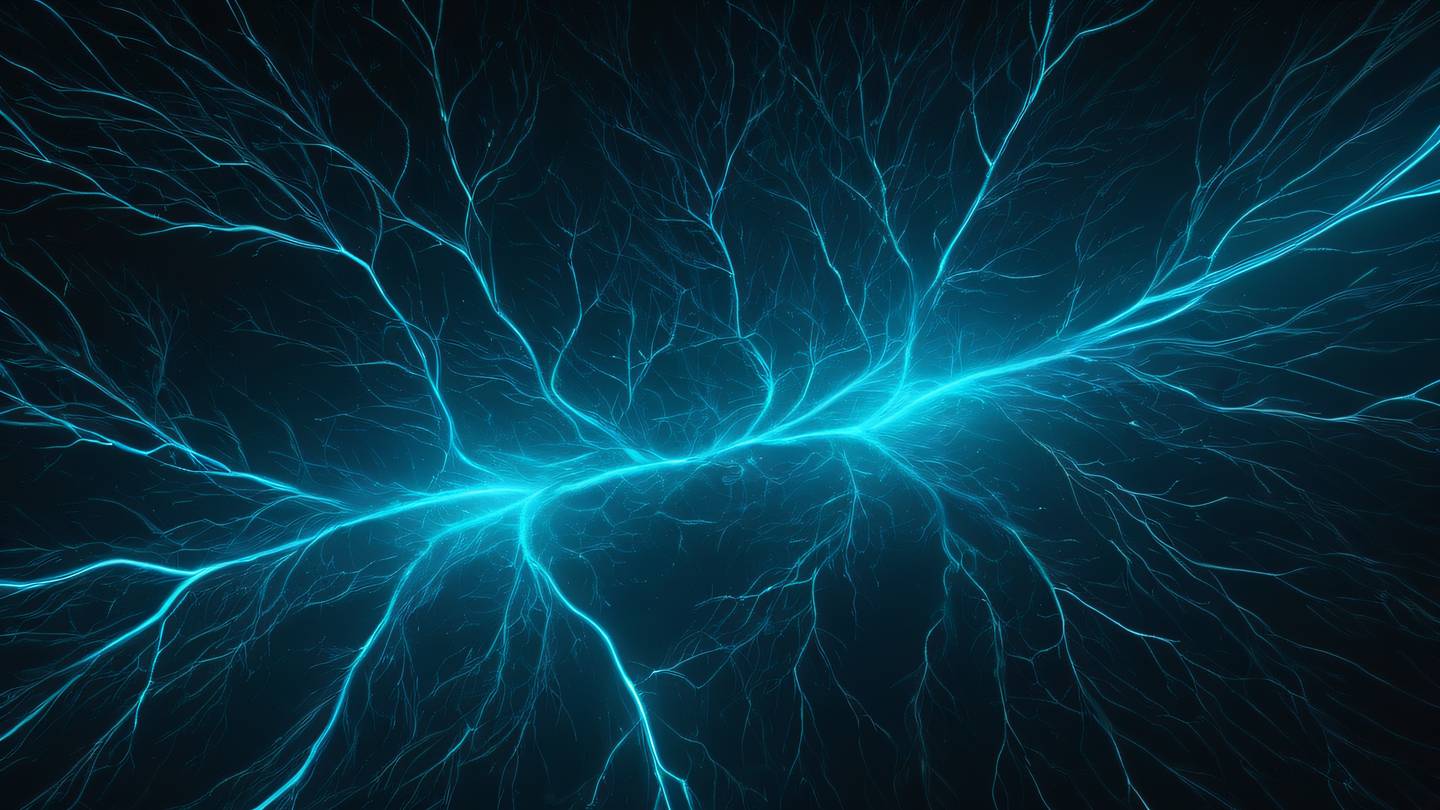 A modern abstract interpretation of branching paths formed by glowing turquoise blue light streams against a dark background shot from a top-down perspective high-quality ultra-realistic cinematic 8K UHD high resolution sharp and detail