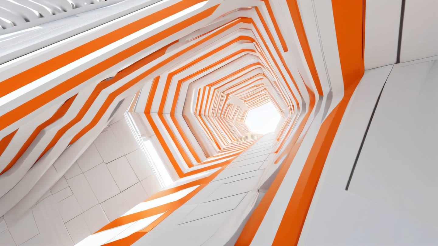 Abstract architectural structure with interconnected geometric shapes in bright orange and white flowing smoothly between levels captured from a diagonal perspective high-quality ultra-realistic cinematic 8K UHD high resolution sharp and detail