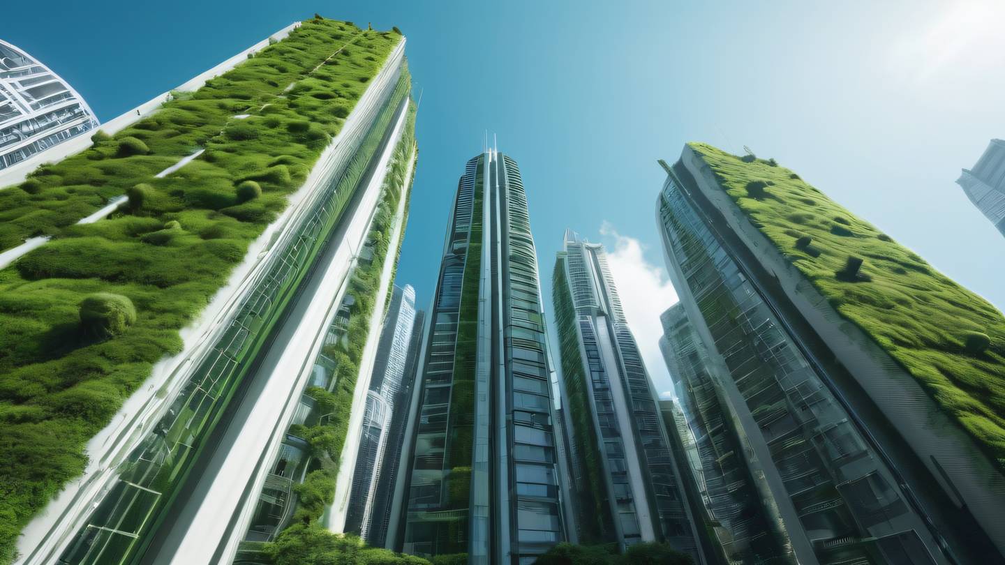 Futuristic cityscape with sleek buildings featuring clean lines and fresh moss green accents against a clear sky photographed from a low angle perspective high-quality ultra-realistic cinematic 8K UHD high resolution sharp and detail