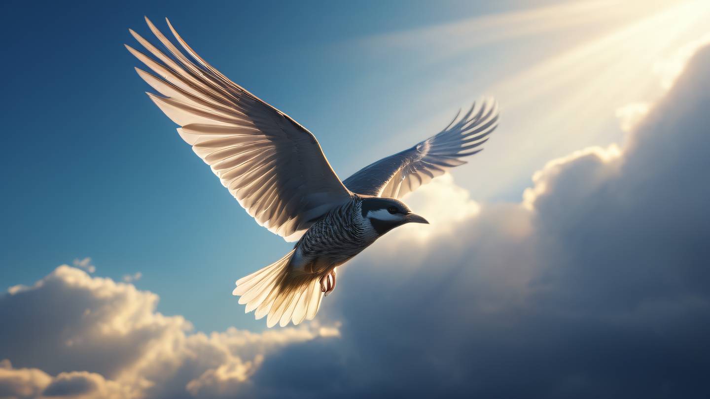 Elegant bird in flight with spread wings against backdrop of sunlit clouds and bright neon light rays photographed from a side angle perspective high-quality ultra-realistic cinematic 8K UHD high resolution sharp and detail