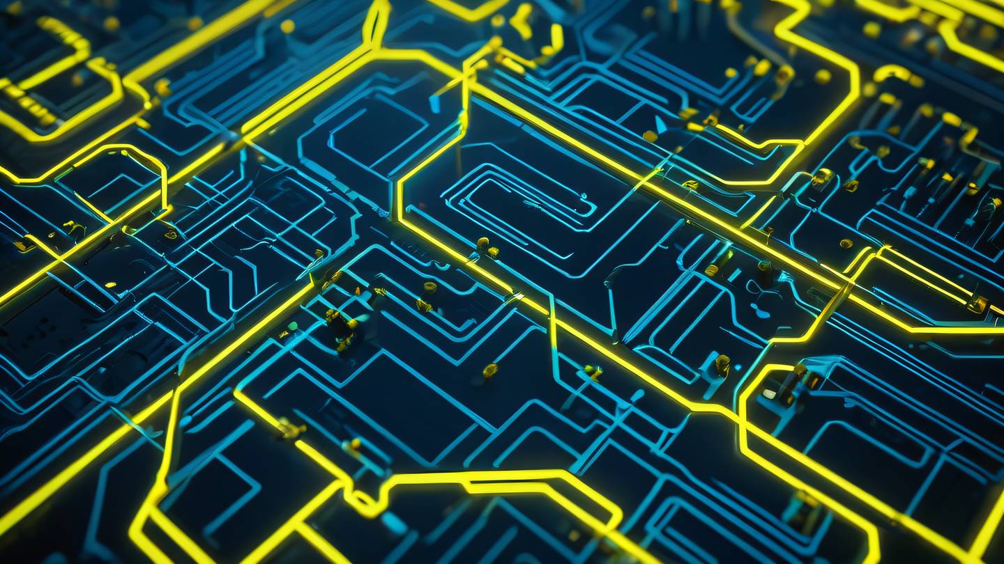 A futuristic mechanical circuit board maze with intricate paths made of glowing neon yellow and electric blue traces viewed directly from above in a perfect top-down perspective depicting complexity and connection. High-quality ultra-realistic cinematic 8K UHD high resolution sharp and detail