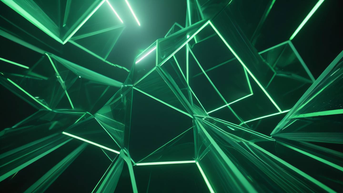 Abstract 3D geometric shapes floating in space featuring sage green and pine green crystalline structures interconnected by glowing lines captured from a 45-degree angle perspective. High-quality ultra-realistic cinematic 8K UHD high resolution sharp and detail
