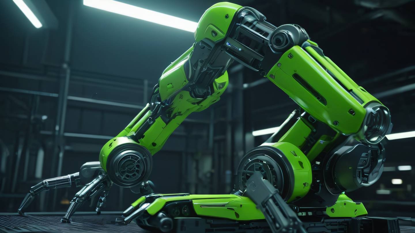 Robotic arms assembling a complex mechanical structure with bright neon green and metallic components shot from a dramatic low angle perspective. High-quality ultra-realistic cinematic 8K UHD high resolution sharp and detail