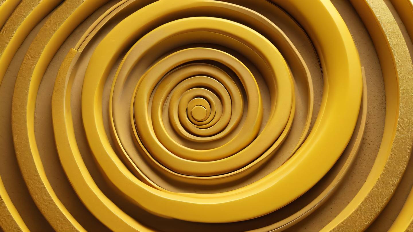 A clay sculpture abstract representation of interconnected geometric forms in bright yellow and metallic gold tones arranged in a spiral pattern photographed from a bird's eye view. High-quality ultra-realistic cinematic 8K UHD high resolution sharp and detail