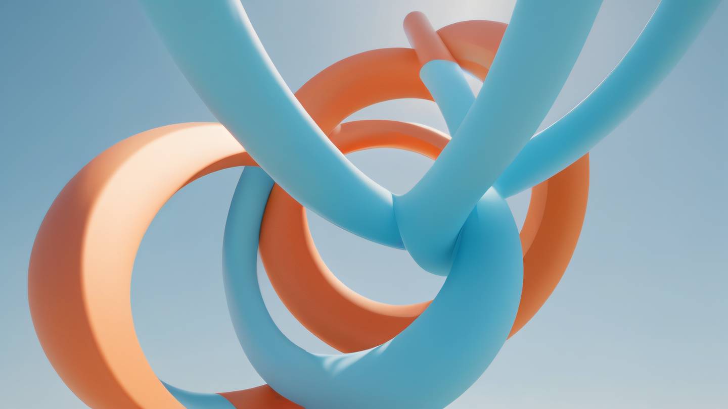 A mesmerizing abstract 3D sculpture representing interconnected geometric shapes transforming into each other featuring gradients of baby blue and salmon-orange colors. Shot from a low angle perspective looking up ultra-realistic cinematic 8K UHD high resolution sharp and detailed