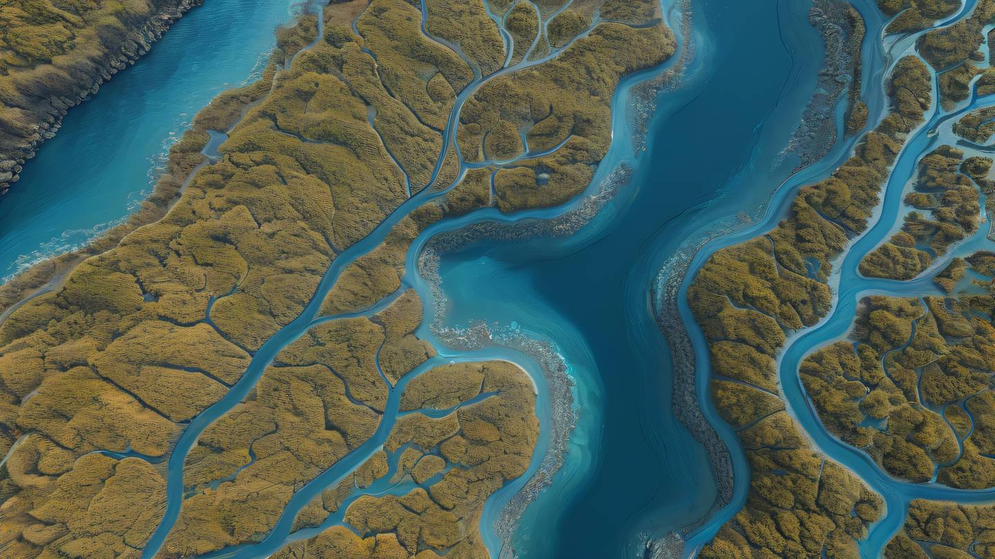 An abstract flowing river delta viewed from above with branching patterns representing data flow rendered in breezeway blue and sun-washed brick colors. Aerial top-down shot high-quality ultra-realistic cinematic 8K UHD sharp and detailed