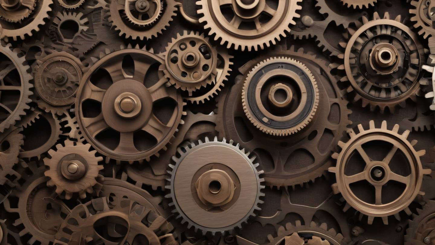A complex network of gears and mechanical parts transitioning smoothly into organic shapes colored in walnut and iron tones. Shot from a Dutch angle (diagonal perspective) high-quality ultra-realistic cinematic 8K UHD sharp and detailed