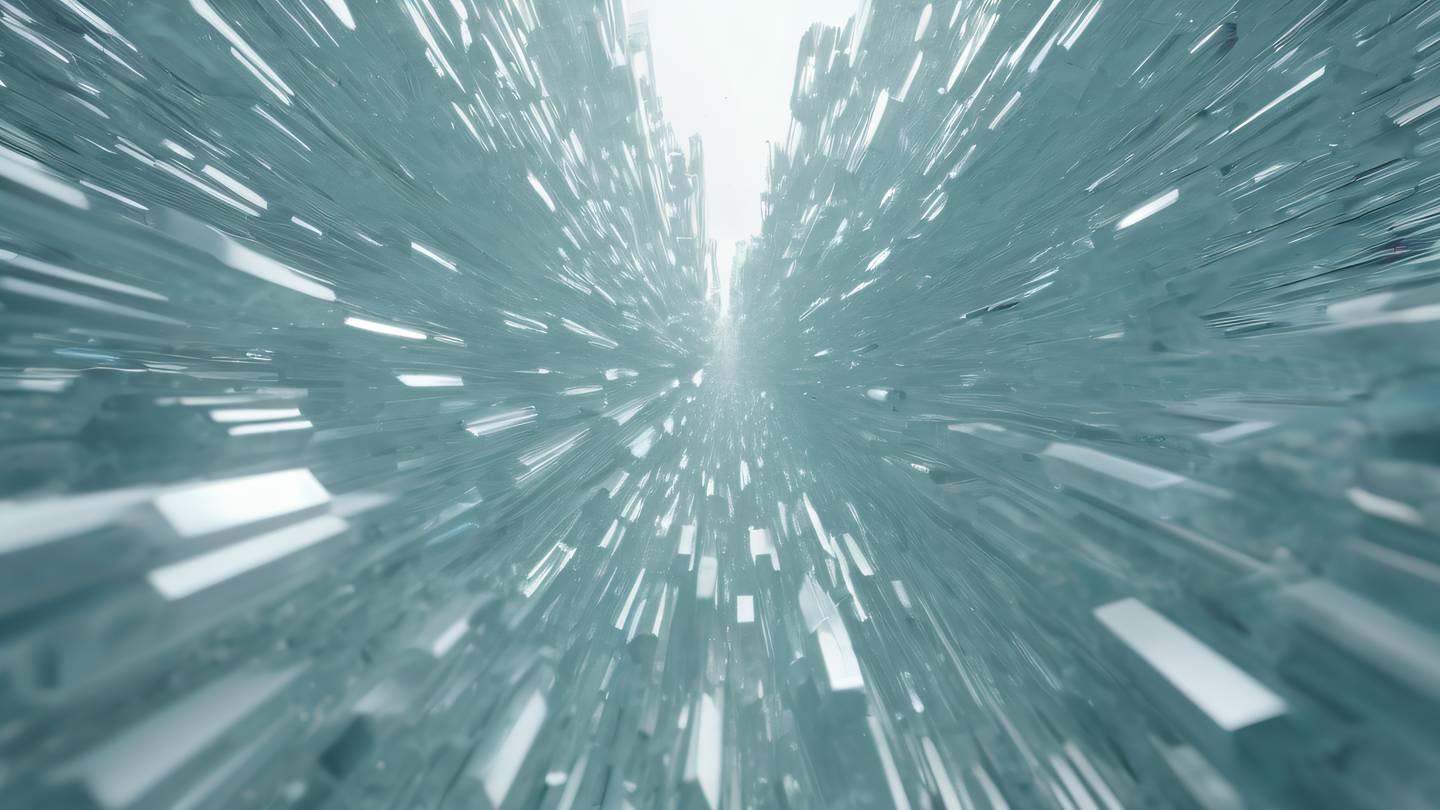 An abstract composition of floating crystalline structures morphing and evolving featuring whisper white and etched glass colors. Shot from a worm's eye view (extreme low angle) high-quality ultra-realistic cinematic 8K UHD sharp and detailed