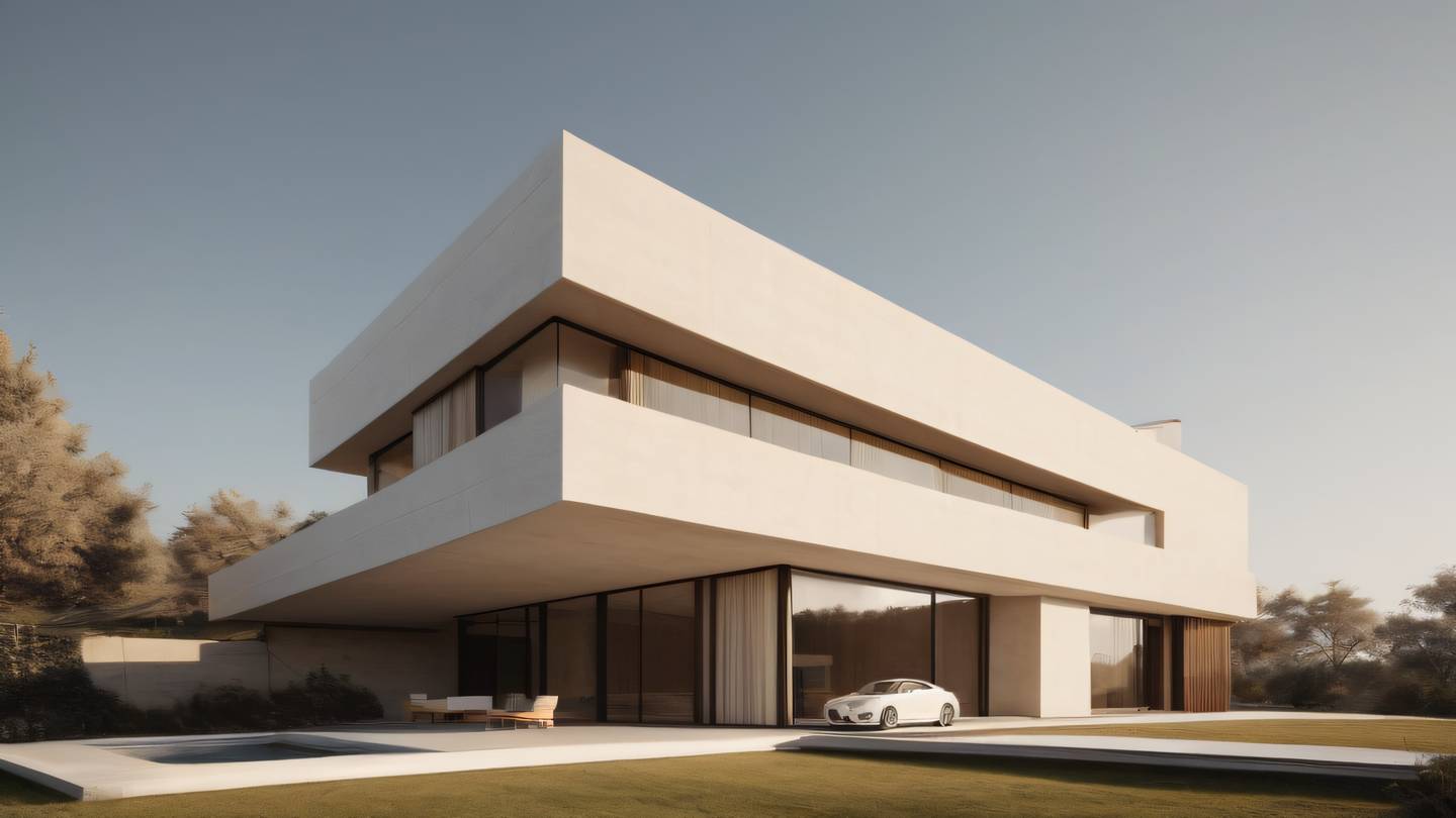Modern minimalist architecture with clean lines and geometric shapes featuring warm contemporary brown and cream tones photographed from a low angle perspective high-quality ultra-realistic cinematic 8K UHD high resolution sharp and detail