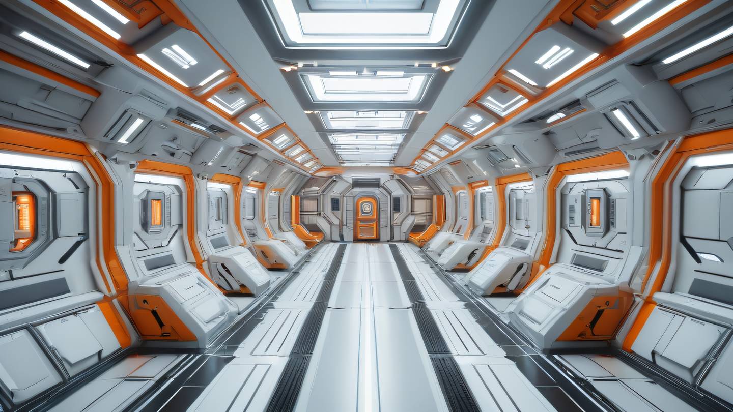 Futuristic space station interior with sleek metallic surfaces and geometric patterns featuring bright orange and white color scheme captured from a wide-angle perspective high-quality ultra-realistic cinematic 8K UHD high resolution sharp and detail