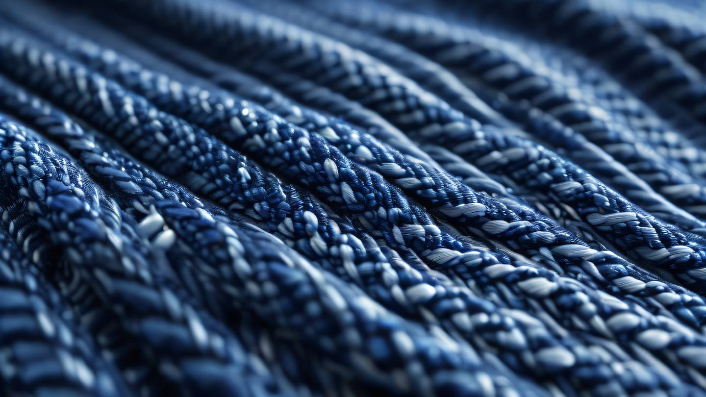 Close-up abstract textile texture with intricate woven patterns featuring bright indigo and iridescent white highlights photographed with shallow depth of field high-quality ultra-realistic cinematic 8K UHD high resolution sharp and detail
