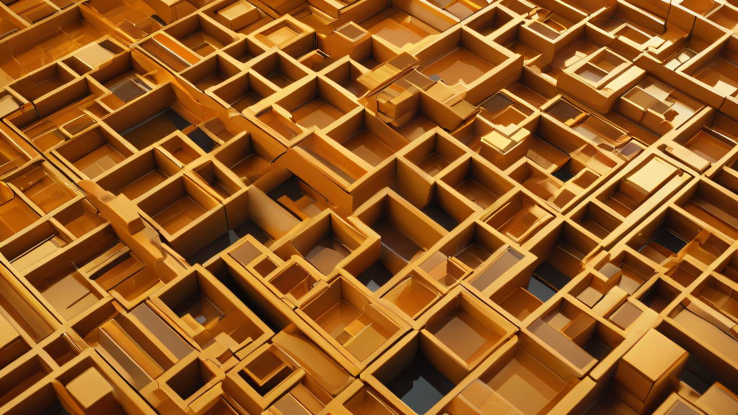 Abstract geometric shapes resembling building blocks and puzzle pieces flowing and interconnecting in a bright amber and golden color scheme sharp edges and clean lines aerial view perspective high-quality ultra-realistic cinematic 8K UHD high resolution sharp and detail