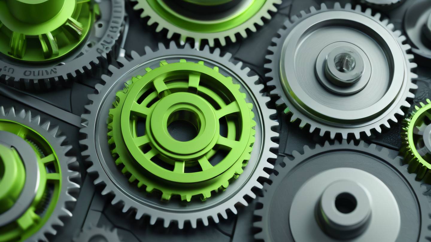 Close-up of intricate gears and mechanical parts in motion rendered in bright lime green and metallic silver tones captured from a 45-degree angle high-quality ultra-realistic cinematic 8K UHD high resolution sharp and detail