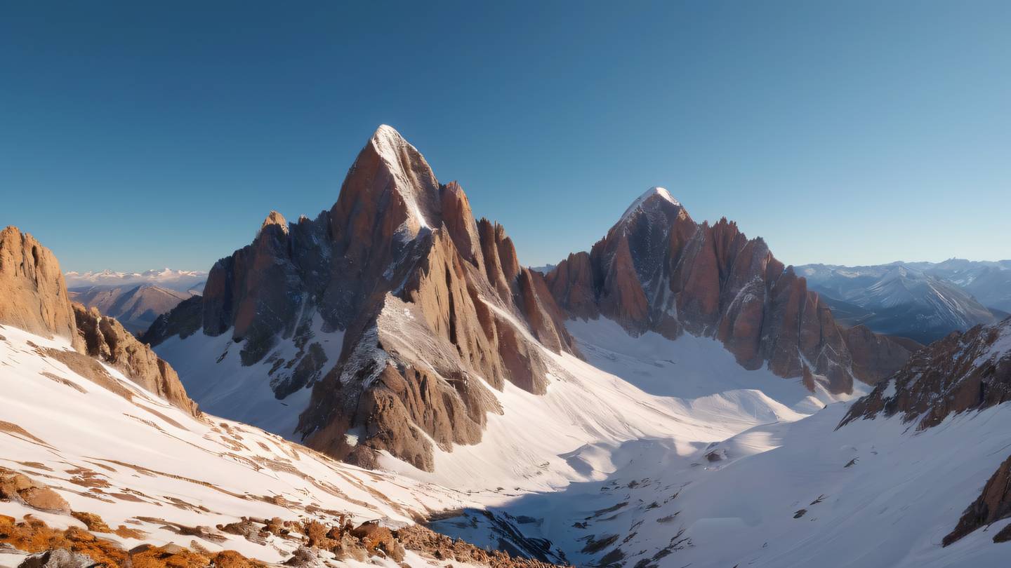 Rocky mountain peaks with snow caps against a clear sky bathed in warm gem-like orange and amber tones shot from below looking up high-quality ultra-realistic cinematic 8K UHD high resolution sharp and detail