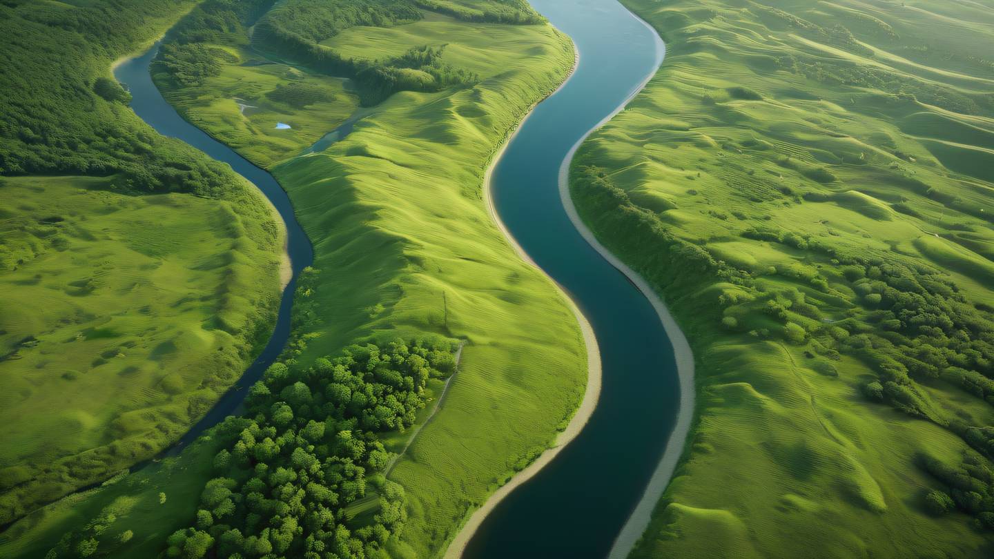 Bird's eye view of a winding river through a landscape rendered in bright lime and emerald colors morning light casting long shadows captured from directly above high-quality ultra-realistic cinematic 8K UHD high resolution sharp and detail