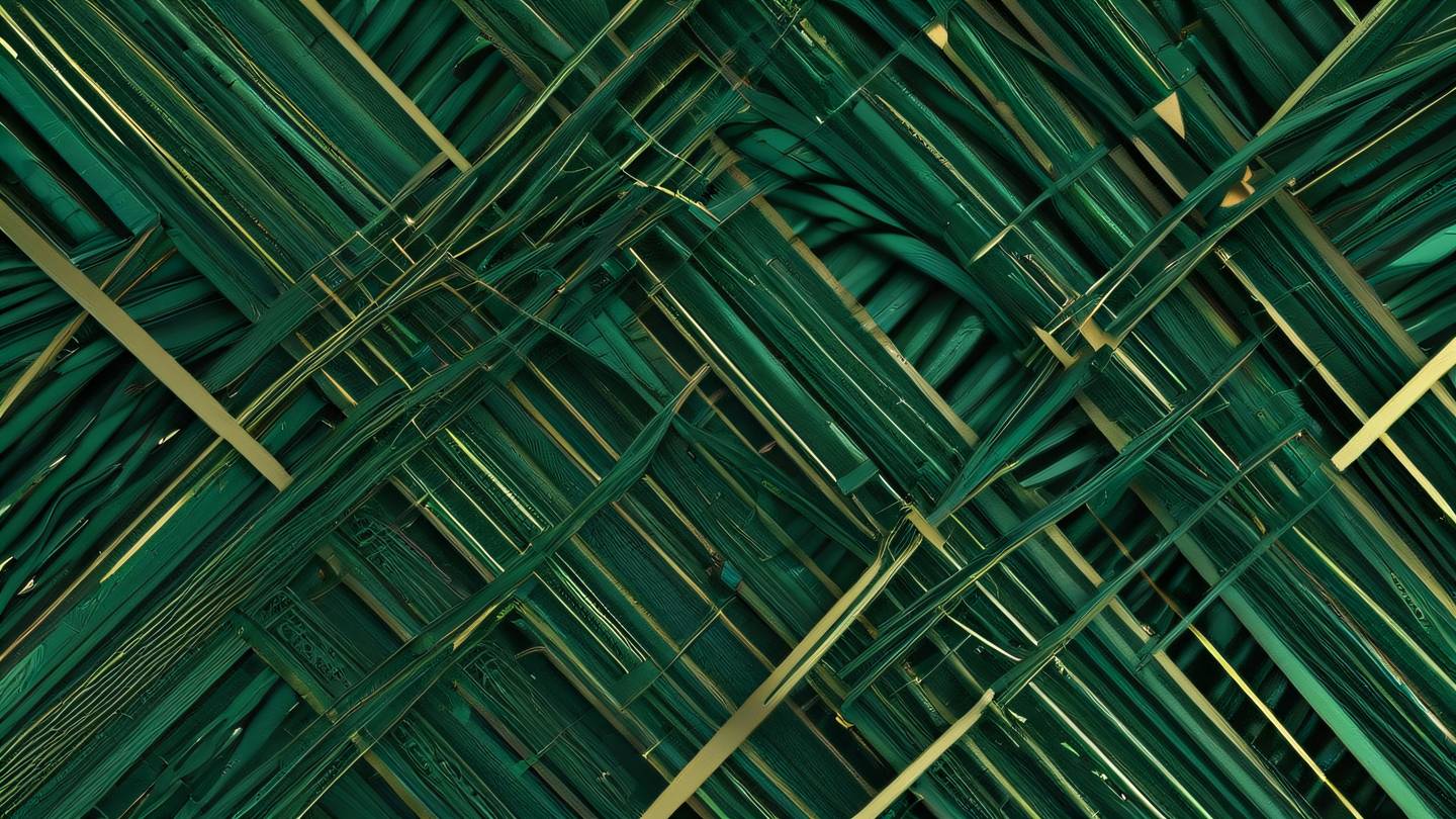 Abstract flowing patterns resembling code structures with interweaving ribbons and geometric shapes. Colors: Emerald green and forest green with golden accents. Camera angle: Top-down aerial view high-quality ultra-realistic cinematic 8K UHD high resolution sharp and detail