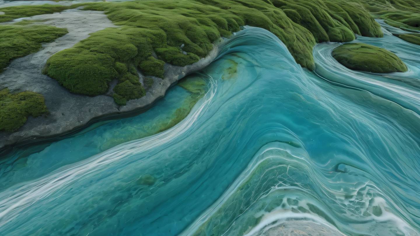 Smooth flowing waves of liquid creating intricate patterns on stone surface. Colors: Turquoise blue and fresh moss green with white highlights. Camera angle: Macro close-up shot high-quality ultra-realistic cinematic 8K UHD high resolution sharp and detail