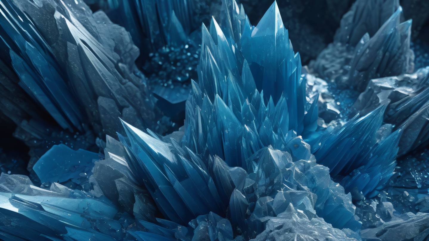 Crystalline formations with geometric patterns and layers. Colors: Rich blue and deep azure with silver highlights. Camera angle: 45-degree angle close-up high-quality ultra-realistic cinematic 8K UHD high resolution sharp and detail