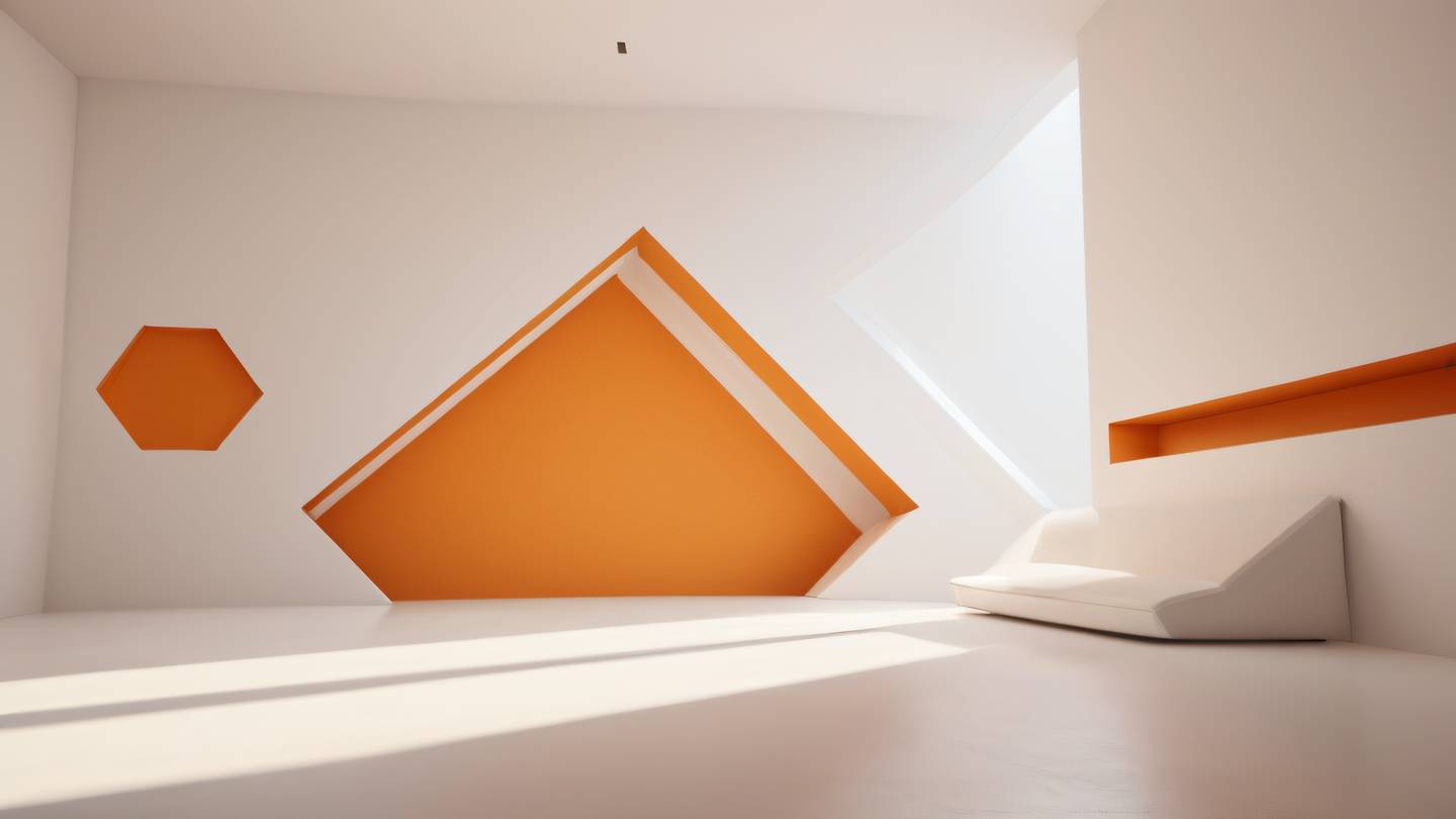 Minimal modern interior with floating geometric elements warm orange and white color scheme soft shadows casting on clean surfaces photographed from a 45-degree angle high-quality ultra-realistic cinematic 8K UHD high resolution sharp and detail