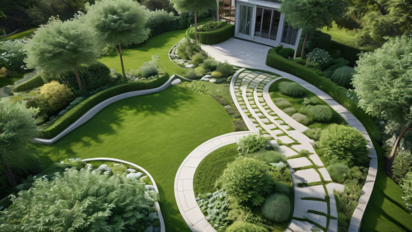 Modern garden landscape with flowing curves and geometric patterns bright white and sage green color scheme natural sunlight creating dynamic shadows captured from a bird's eye view high-quality ultra-realistic cinematic 8K UHD high resolution sharp and detail