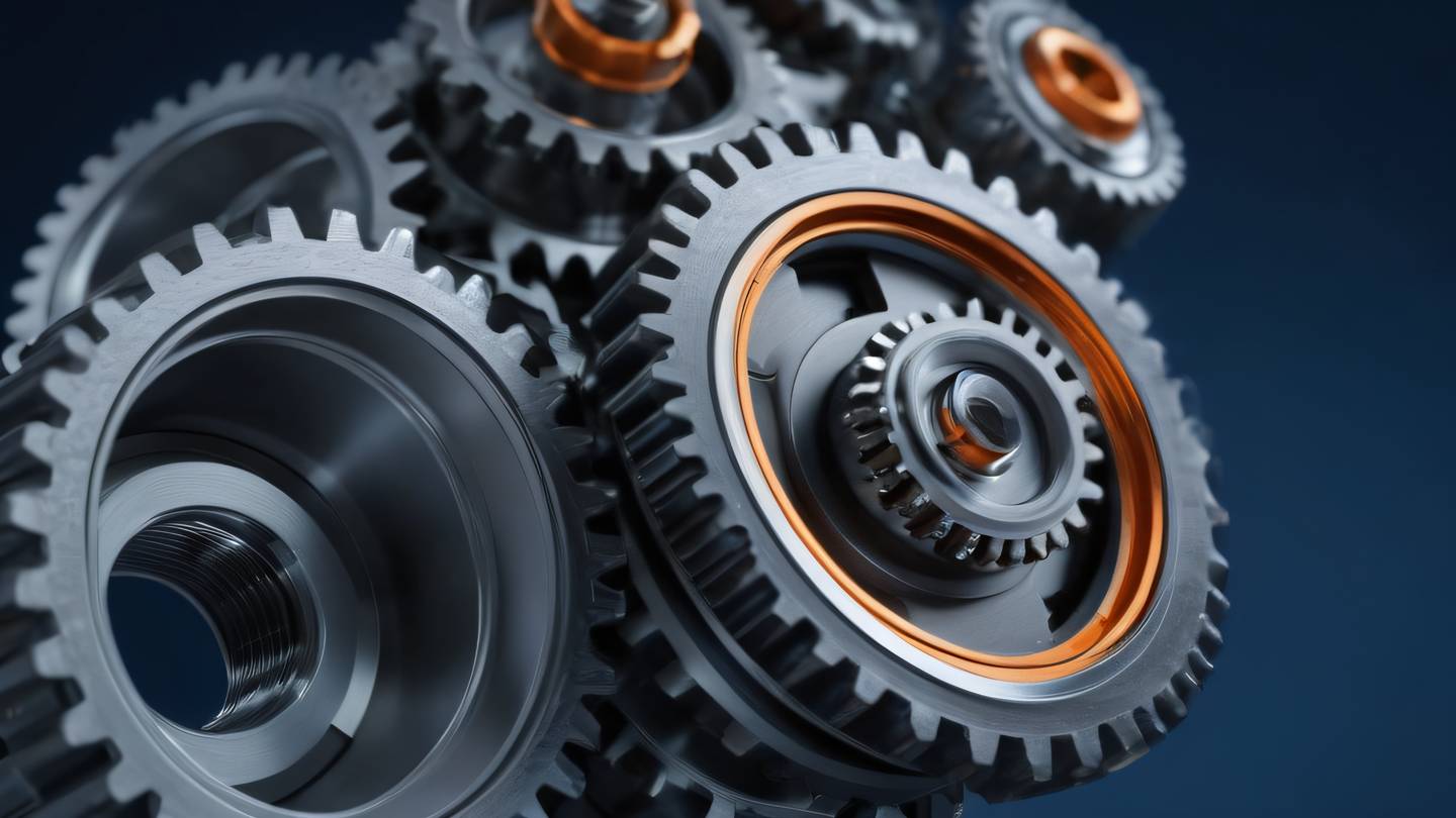 A close-up macro shot of intricate gears and mechanical parts in motion featuring metallic silver and bright orange accents against a deep blue background photographed from a 45-degree angle high-quality ultra-realistic cinematic 8K UHD high resolution sharp and detail