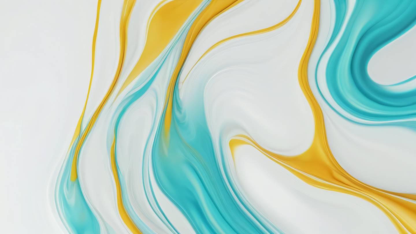 Abstract fluid patterns showing flowing streams of bright turquoise and golden yellow intertwining against a clean white background captured from a top-down perspective high-quality ultra-realistic cinematic 8K UHD high resolution sharp and detail