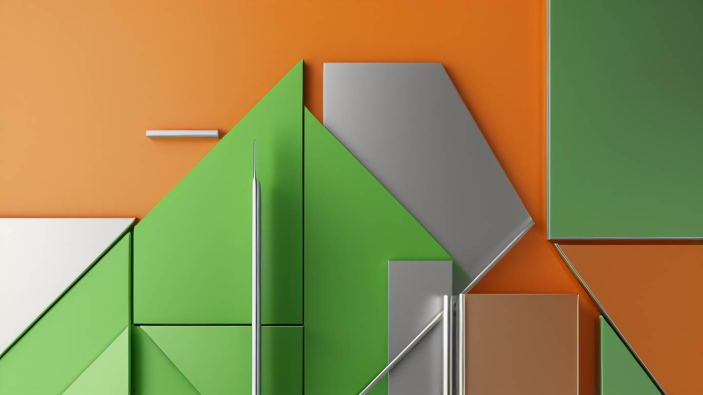 Geometric abstract composition with clean lines and shapes in bright green and metallic silver on a warm orange background shot from a straight-on perspective high-quality ultra-realistic cinematic 8K UHD high resolution sharp and detail