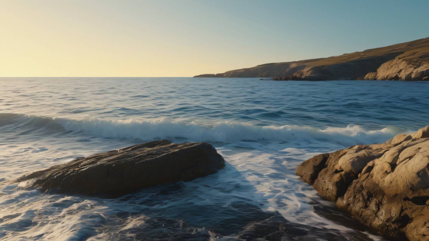 Minimalist landscape featuring a serene rocky coastline with waves in shades of bright blue and white against a warm yellow sky captured from a low angle perspective high-quality ultra-realistic cinematic 8K UHD high resolution sharp and detail