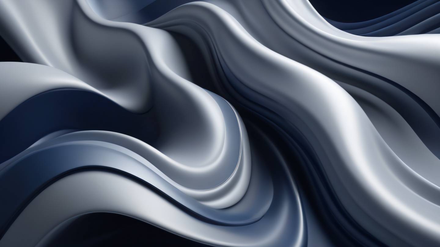 Abstract geometric shapes forming a flowing pattern with silver and navy gradient waves smooth transitions between shapes floating in space ultra-realistic cinematic lighting captured from a top-down perspective 8K UHD high resolution sharp and detail