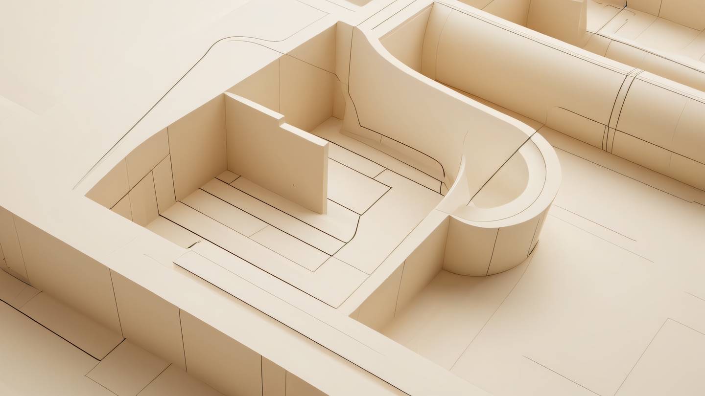Minimalist architectural blueprint lines and curves floating in creamy colored background geometric patterns casting soft shadows shot from a 45-degree angle high-quality ultra-realistic cinematic 8K UHD high resolution sharp and detail