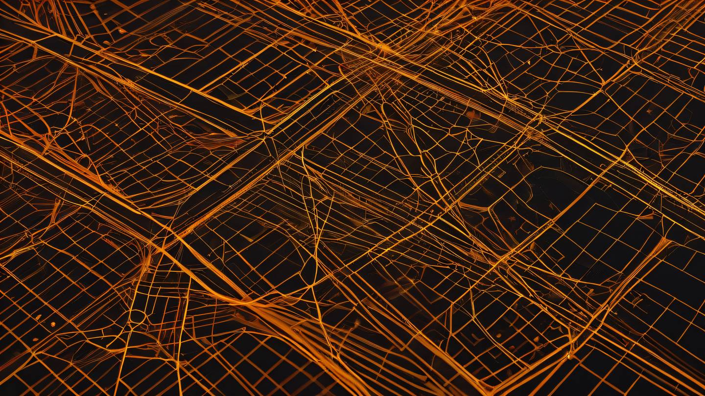 Abstract geometric shapes forming interconnected network patterns featuring bright orange and yellow gradients with accents of iridescent gold overhead aerial view high-quality ultra-realistic cinematic 8K UHD high resolution sharp and detail